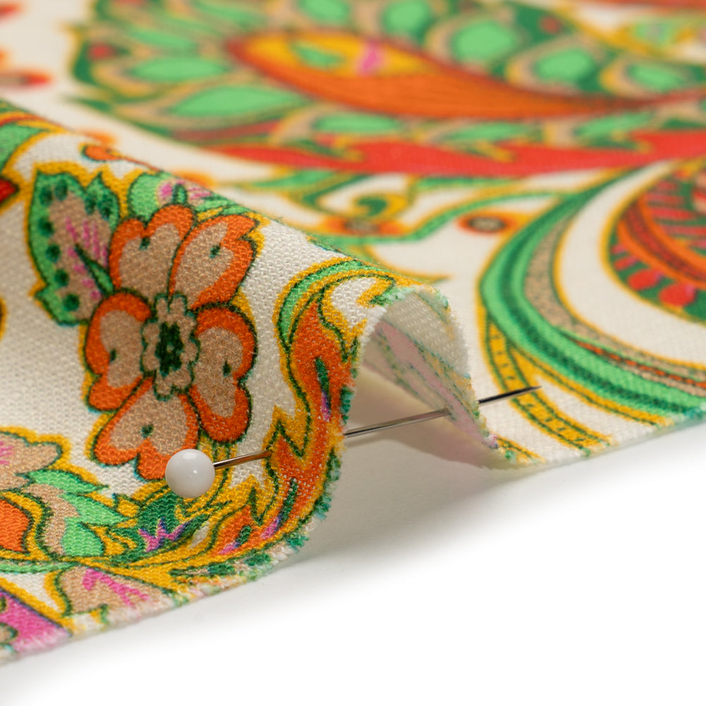 Viscose and Linen Woven - White Floral Paisley Stripes - Locust Lily Print - Mood Exclusive Gisele Collection - Detail