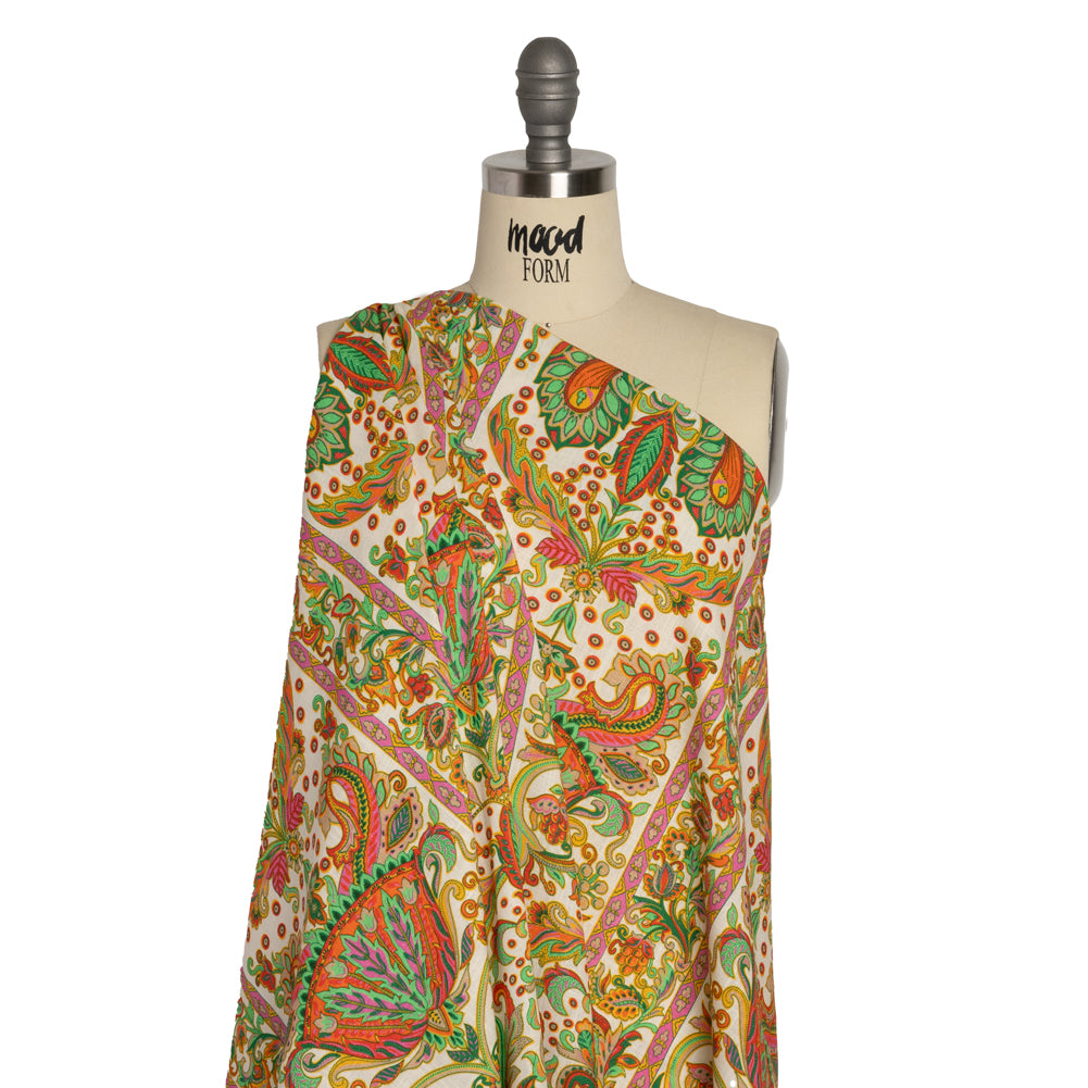 Viscose and Linen Woven - White Floral Paisley Stripes - Locust Lily Print - Mood Exclusive Gisele Collection - Drape