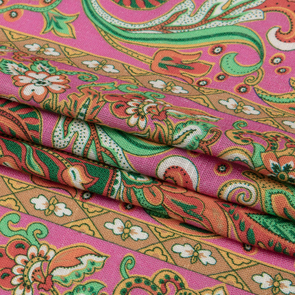 Viscose and Linen Woven - Pink Floral Paisley Stripes - Locust Lily Print - Mood Exclusive Gisele Collection - Folded