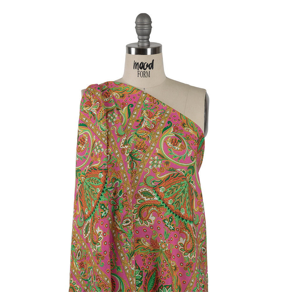 Viscose and Linen Woven - Pink Floral Paisley Stripes - Locust Lily Print - Mood Exclusive Gisele Collection - Drape