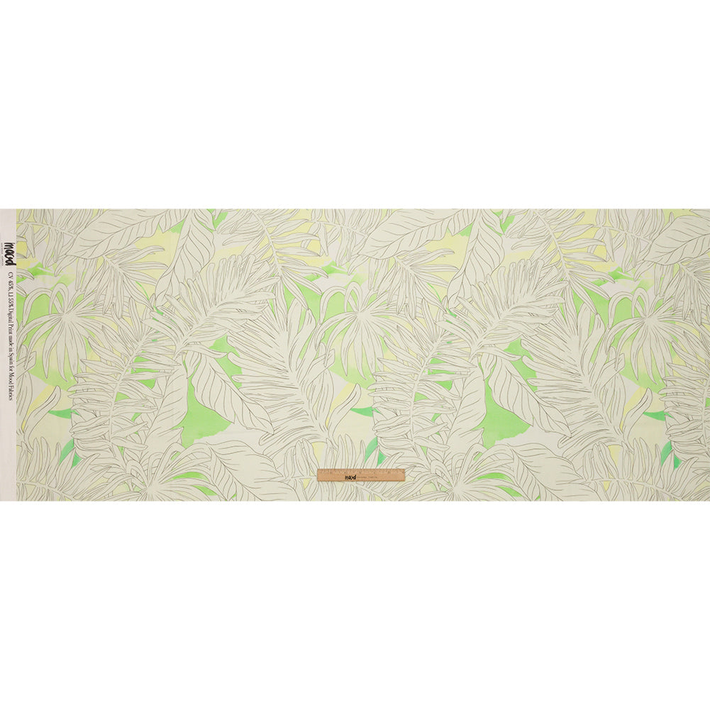 Linen and Rayon Woven - White and Pale Green Leaves - Under the Boardwalk Print - Mood Exclusive Palm Beach Collection