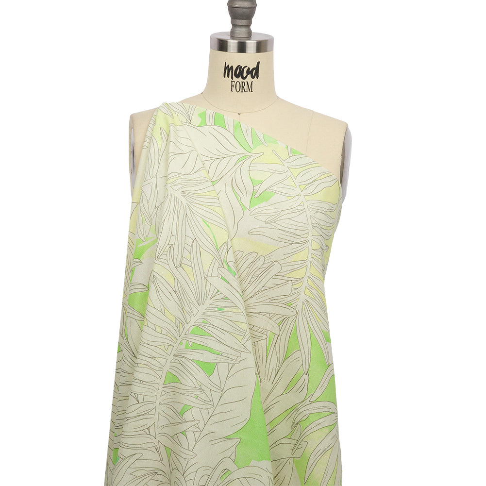 Linen and Rayon Woven - White and Pale Green Leaves - Under the Boardwalk Print - Mood Exclusive Palm Beach Collection