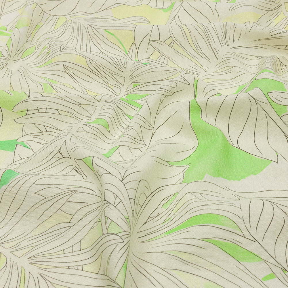 Linen and Rayon Woven - White and Pale Green Leaves - Under the Boardwalk Print - Mood Exclusive Palm Beach Collection