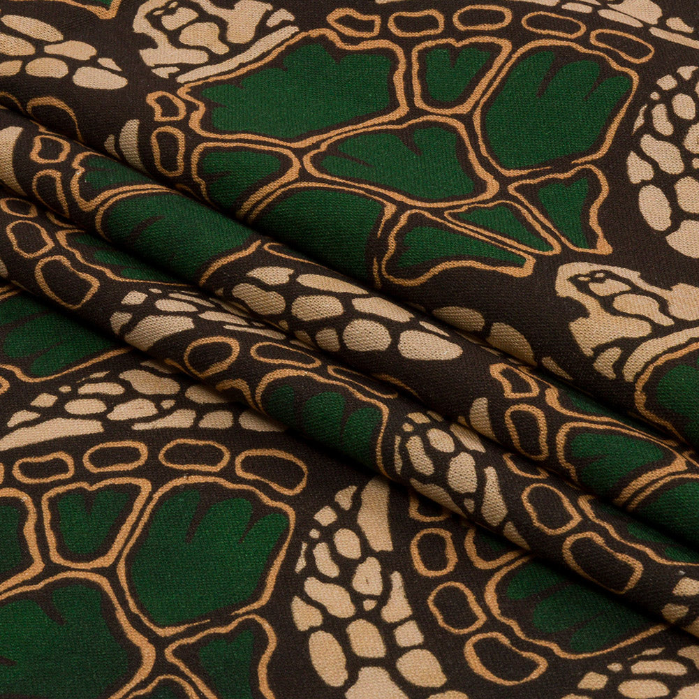 Linen and Rayon Woven - Green and Brown Abstracted Turtles - Turtle Cove Print - Mood Exclusive Palm Beach Collection - Folded
