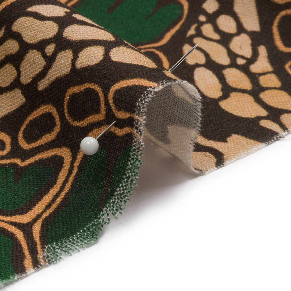Linen and Rayon Woven - Green and Brown Abstracted Turtles - Turtle Cove Print - Mood Exclusive Palm Beach Collection - Detail
