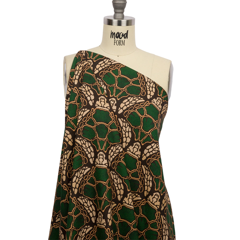 Linen and Rayon Woven - Green and Brown Abstracted Turtles - Turtle Cove Print - Mood Exclusive Palm Beach Collection - Drape