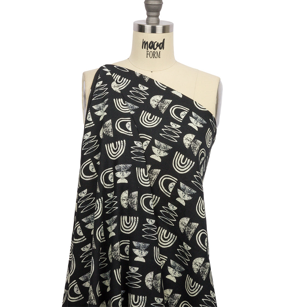 Linen and Rayon Woven - Black Rainbows and Geometrics - Cairn Caves Print - Mood Exclusive Palm Beach Collection - Drape