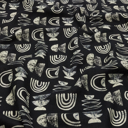 Linen and Rayon Woven - Black Rainbows and Geometrics - Cairn Caves Print - Mood Exclusive Palm Beach Collection
