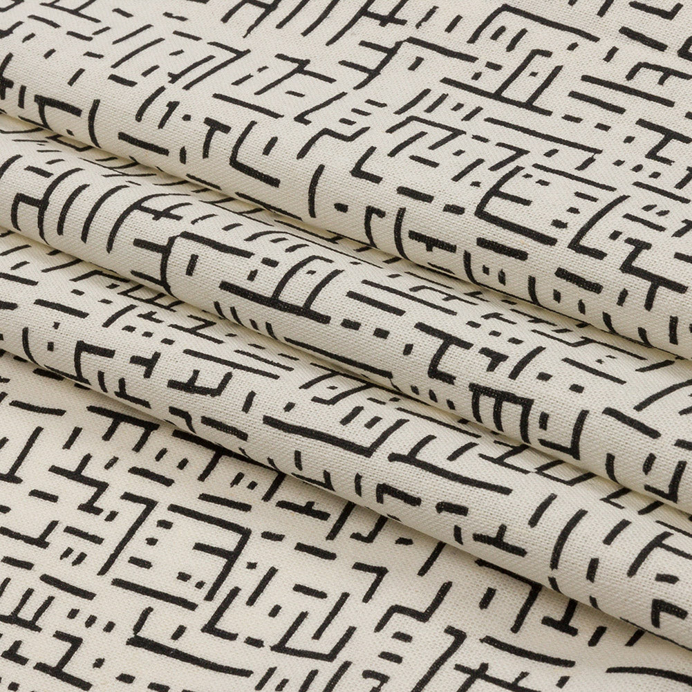 Linen and Rayon Woven - White and Black Geometric Lines - Maui Maze Print - Mood Exclusive Palm Beach Collection