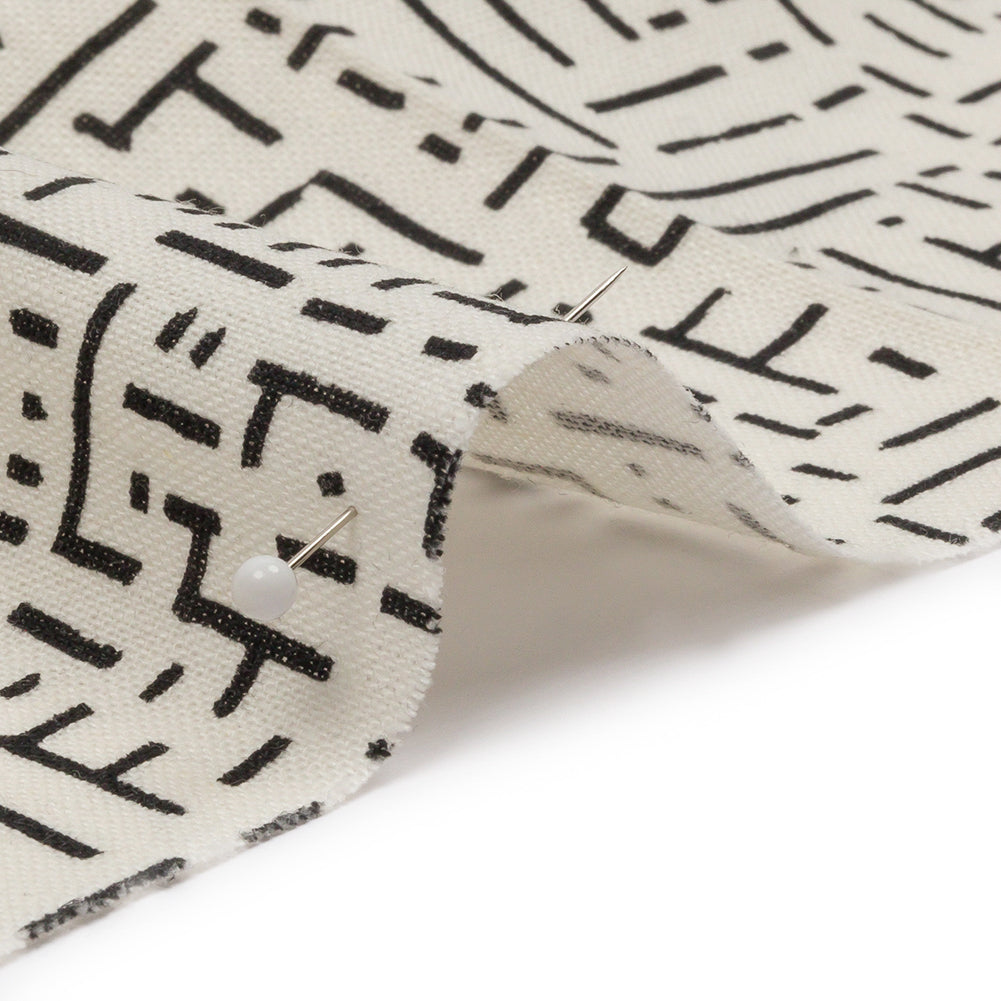 Linen and Rayon Woven - White and Black Geometric Lines - Maui Maze Print - Mood Exclusive Palm Beach Collection