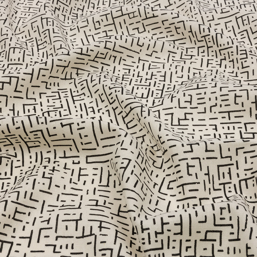Linen and Rayon Woven - White and Black Geometric Lines - Maui Maze Print - Mood Exclusive Palm Beach Collection