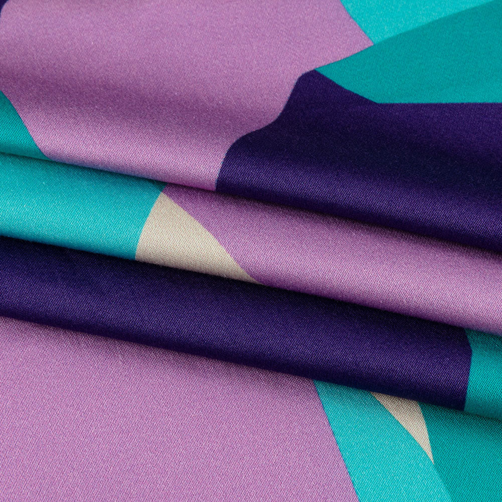 Stretch Cotton Sateen - Lilac and Turquoise Geometric Gems - Midnight Train to Georgia Print - Mood Exclusive Yesterday Collection - Folded