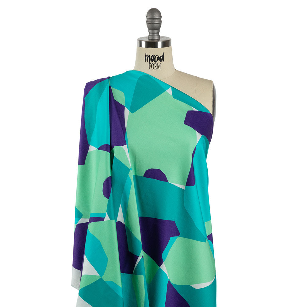 Stretch Cotton Sateen - Lime and Turquoise Geometric Gems - Midnight Train to Georgia Print - Mood Exclusive Yesterday Collection - Drape