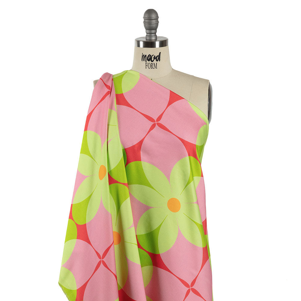 Stretch Cotton Sateen - Pink and Lime Floral - Soda Pop Petals Print - Mood Exclusive Yesterday Collection - Drape