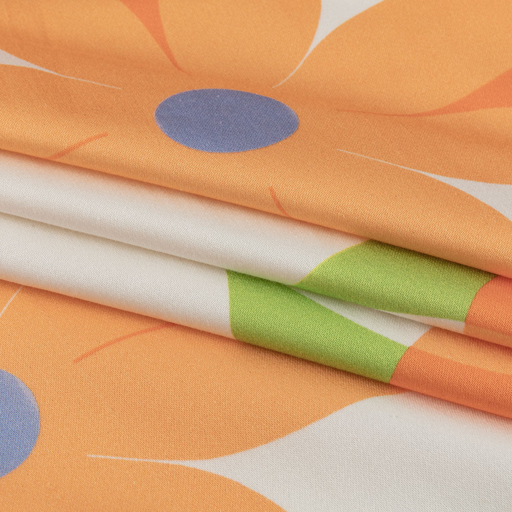 Stretch Cotton Sateen - Orange and White Floral - Soda Pop Petals Print - Mood Exclusive Yesterday Collection - Folded