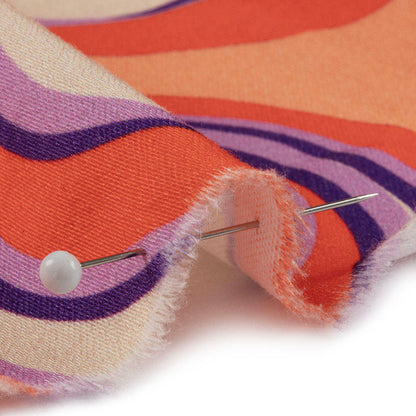 Stretch Cotton Sateen - Orange and Purple Circles - Stop The Beat Print - Mood Exclusive Yesterday Collection