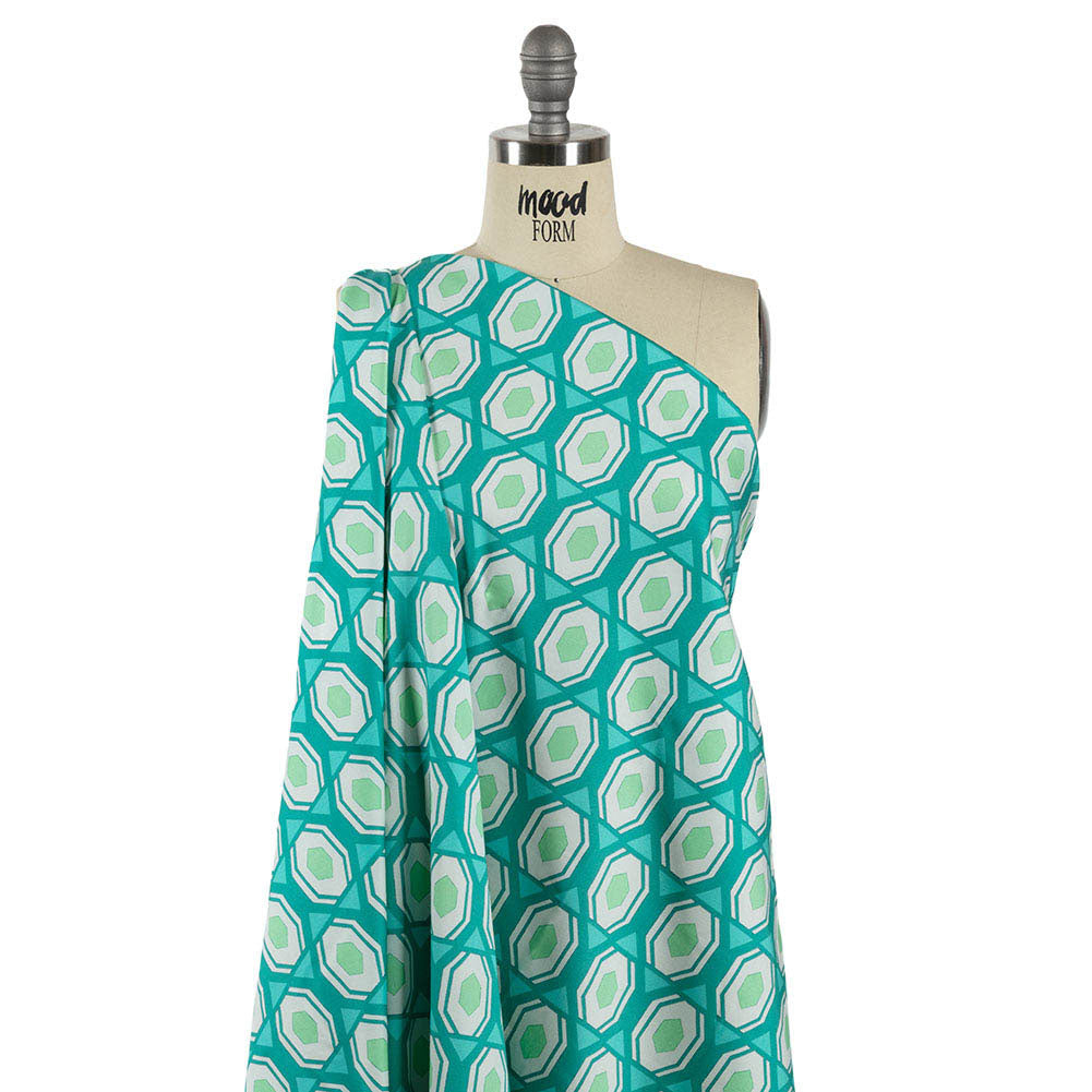 Stretch Cotton Sateen - Turquoise Honeycomb Diamonds - Arcade Fever Print - Mood Exclusive Yesterday Collection