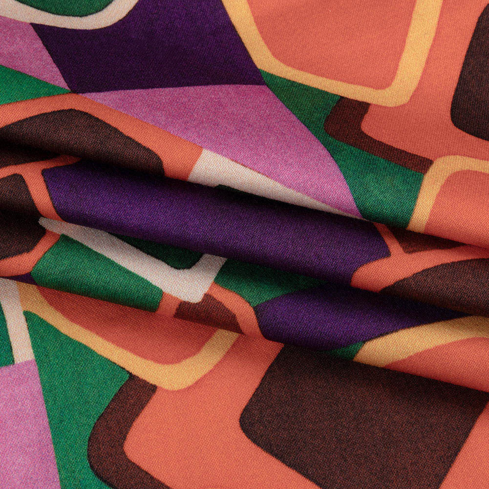 Stretch Cotton Sateen - Orange and Purple Geometric Tiles - Jukebox Jivin' Print - Mood Exclusive Yesterday Collection - Folded