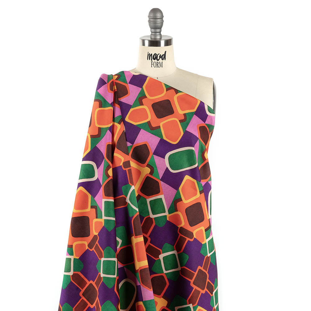 Stretch Cotton Sateen - Orange and Purple Geometric Tiles - Jukebox Jivin' Print - Mood Exclusive Yesterday Collection - Drape