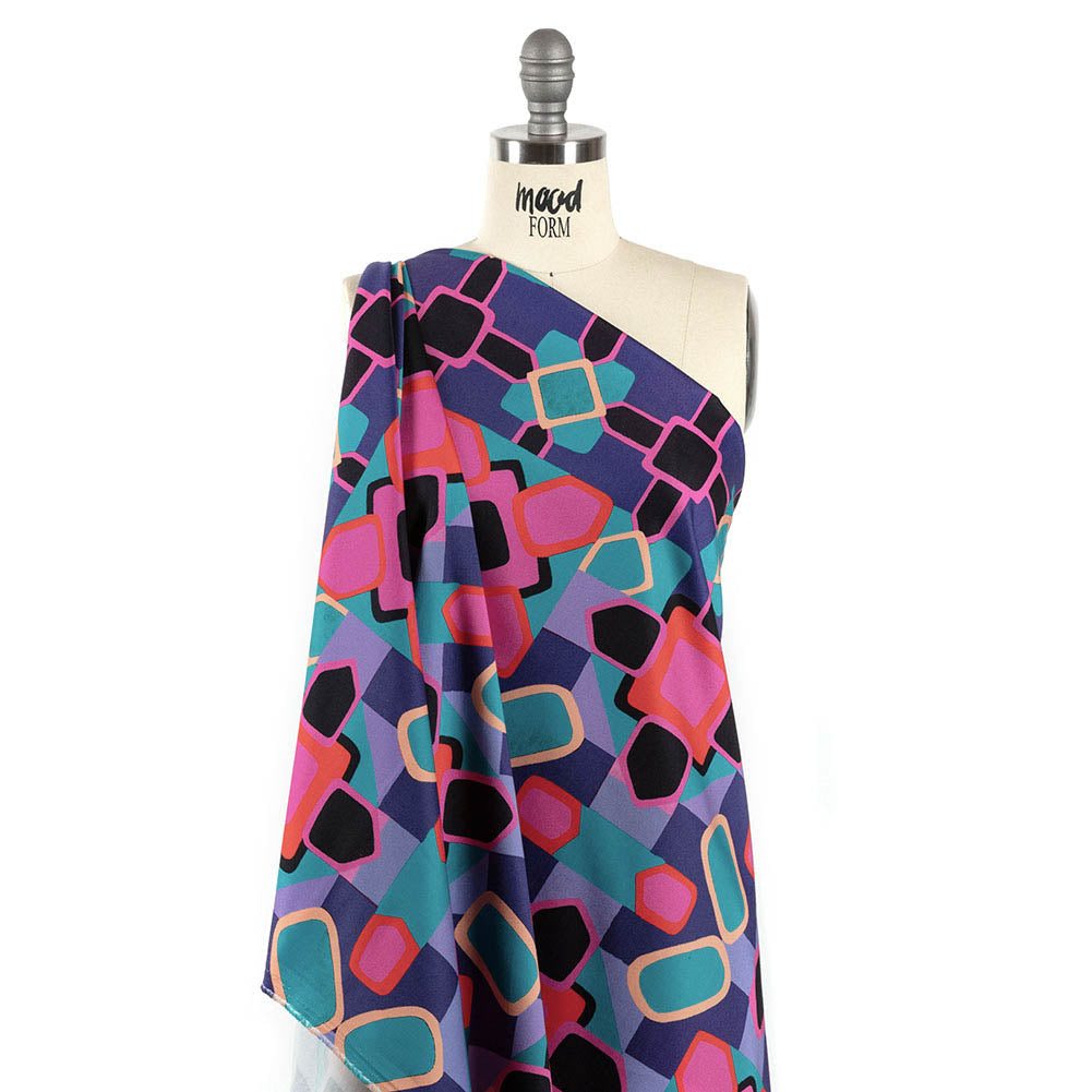 Stretch Cotton Sateen - Teal and Pink Geometric Tiles - Jukebox Jivin' Print - Mood Exclusive Yesterday Collection - Drape