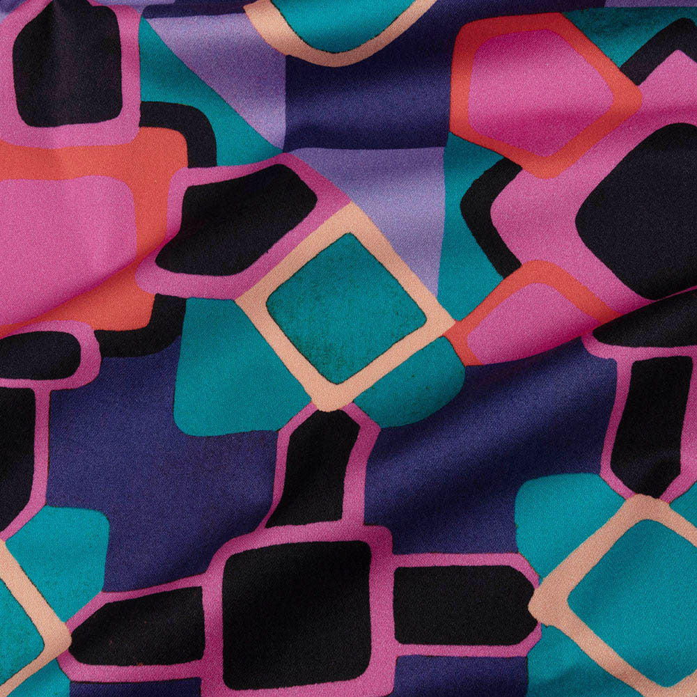 Stretch Cotton Sateen - Teal and Pink Geometric Tiles - Jukebox Jivin' Print - Mood Exclusive Yesterday Collection