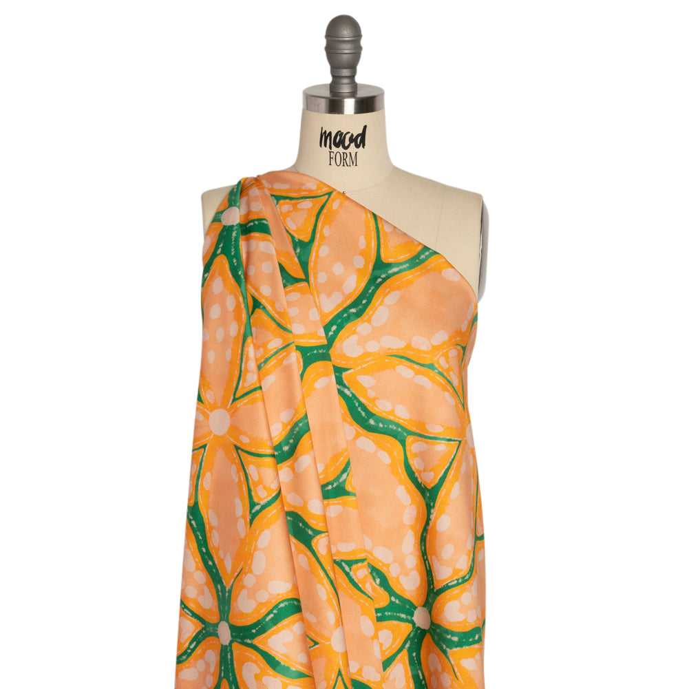 Stretch Cotton Sateen - Peach and Green Floral Veins - Estuary Exploration Print - Mood Exclusive Marigold Collection - Drape