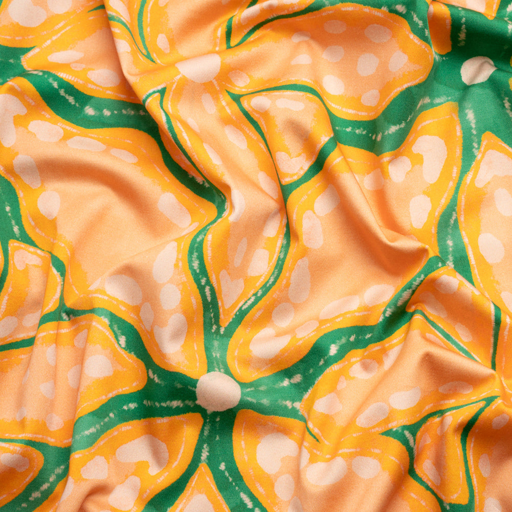 Stretch Cotton Sateen - Peach and Green Floral Veins - Estuary Exploration Print - Mood Exclusive Marigold Collection