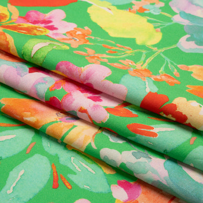 Stretch Cotton Sateen - Green and Pink Floral - Jocund Company Print - Mood Exclusive Marigold Collection