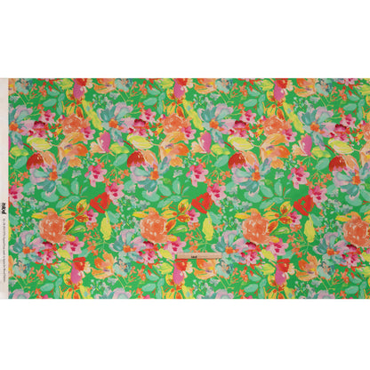 Stretch Cotton Sateen - Green and Pink Floral - Jocund Company Print - Mood Exclusive Marigold Collection