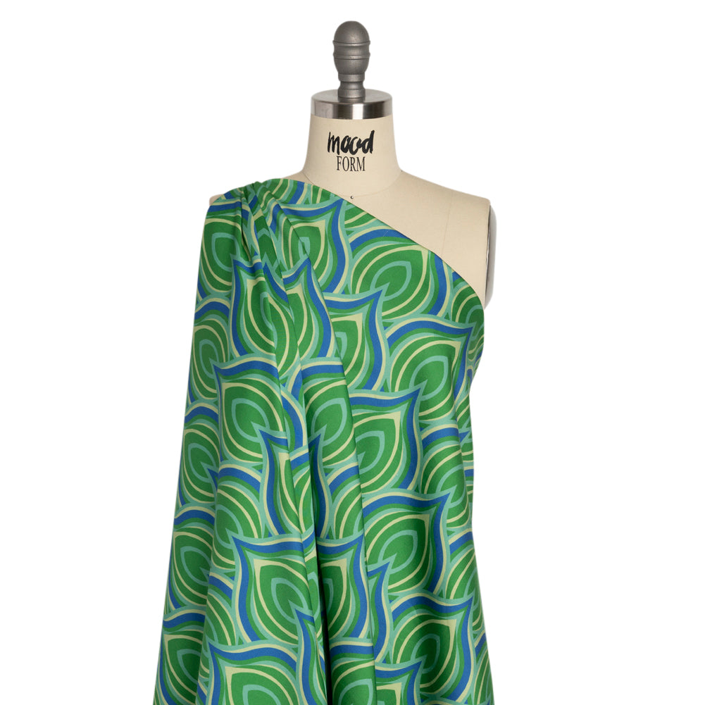 Stretch Cotton Sateen - Blue and Green Leaf Forms - Cipolla Blues Print - Mood Exclusive Marigold Collection