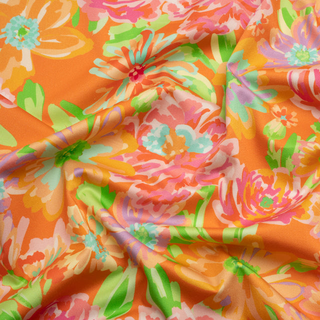 Stretch Cotton Sateen - Orange and Green Floral - Piccadilly Lane Print - Mood Exclusive Marigold Collection
