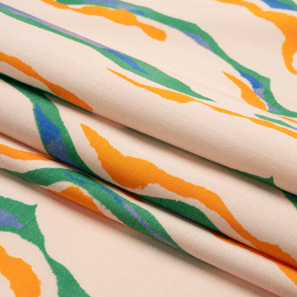 Stretch Cotton Sateen - Cream, Green and Orange Abstract - Gogh with the Flow Print - Mood Exclusive Marigold Collection - Folded