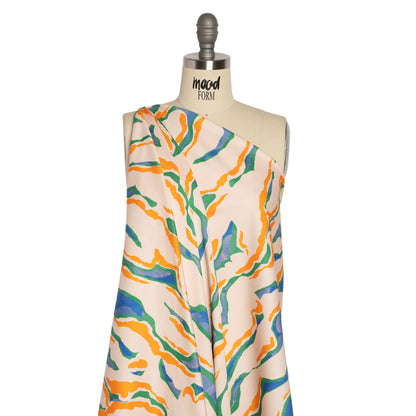 Stretch Cotton Sateen - Cream, Green and Orange Abstract - Gogh with the Flow Print - Mood Exclusive Marigold Collection