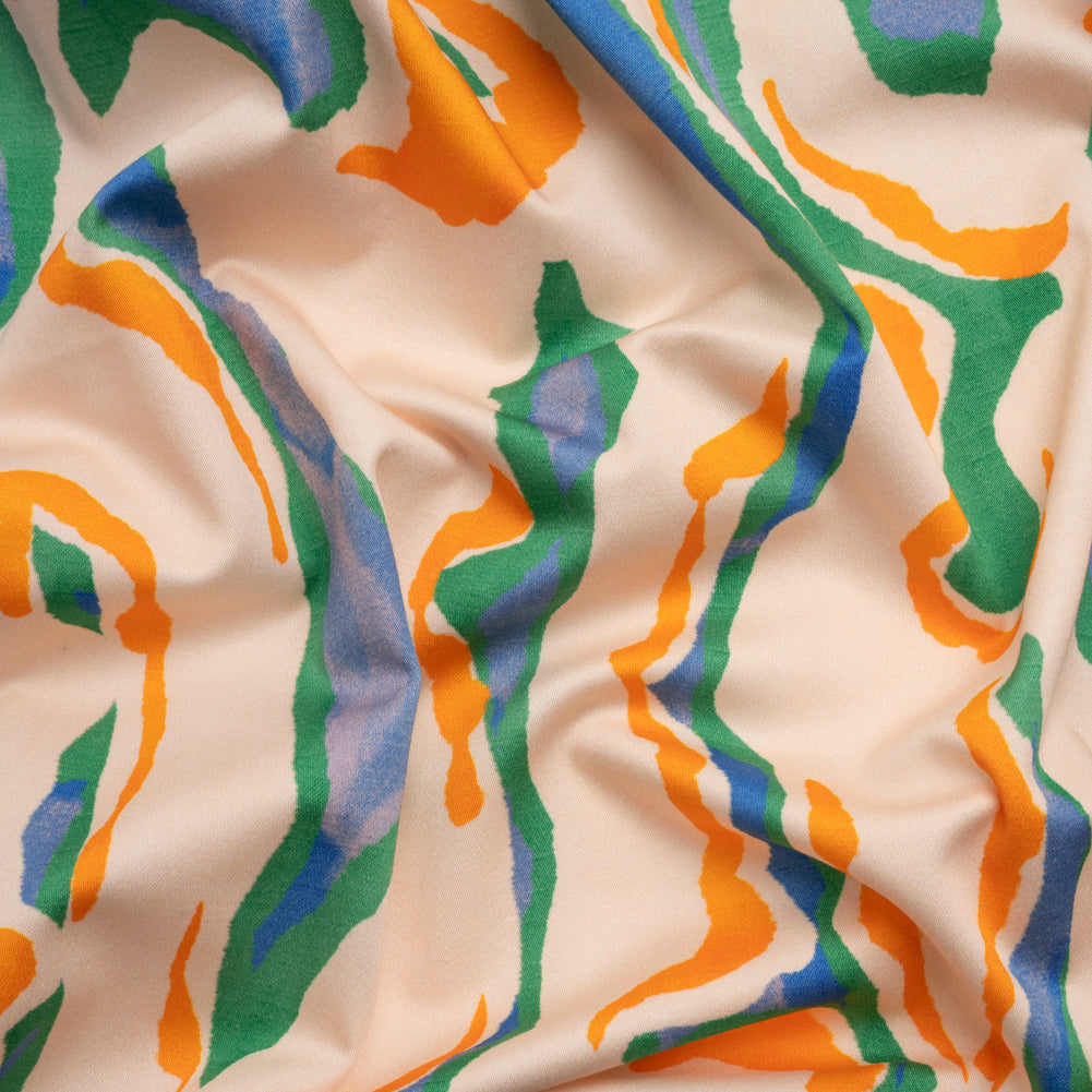 Stretch Cotton Sateen - Cream, Green and Orange Abstract - Gogh with the Flow Print - Mood Exclusive Marigold Collection