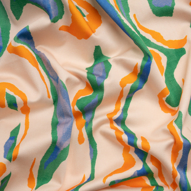 Stretch Cotton Sateen - Cream, Green and Orange Abstract - Gogh with the Flow Print - Mood Exclusive Marigold Collection
