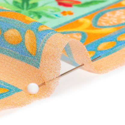 Viscose Georgette Panel - Blue, Green and Orange Floral Squares - Mood Exclusive Waltz of the Flowers Print