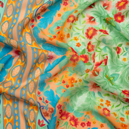 Viscose Georgette Panel - Blue, Green and Orange Floral Squares - Mood Exclusive Waltz of the Flowers Print