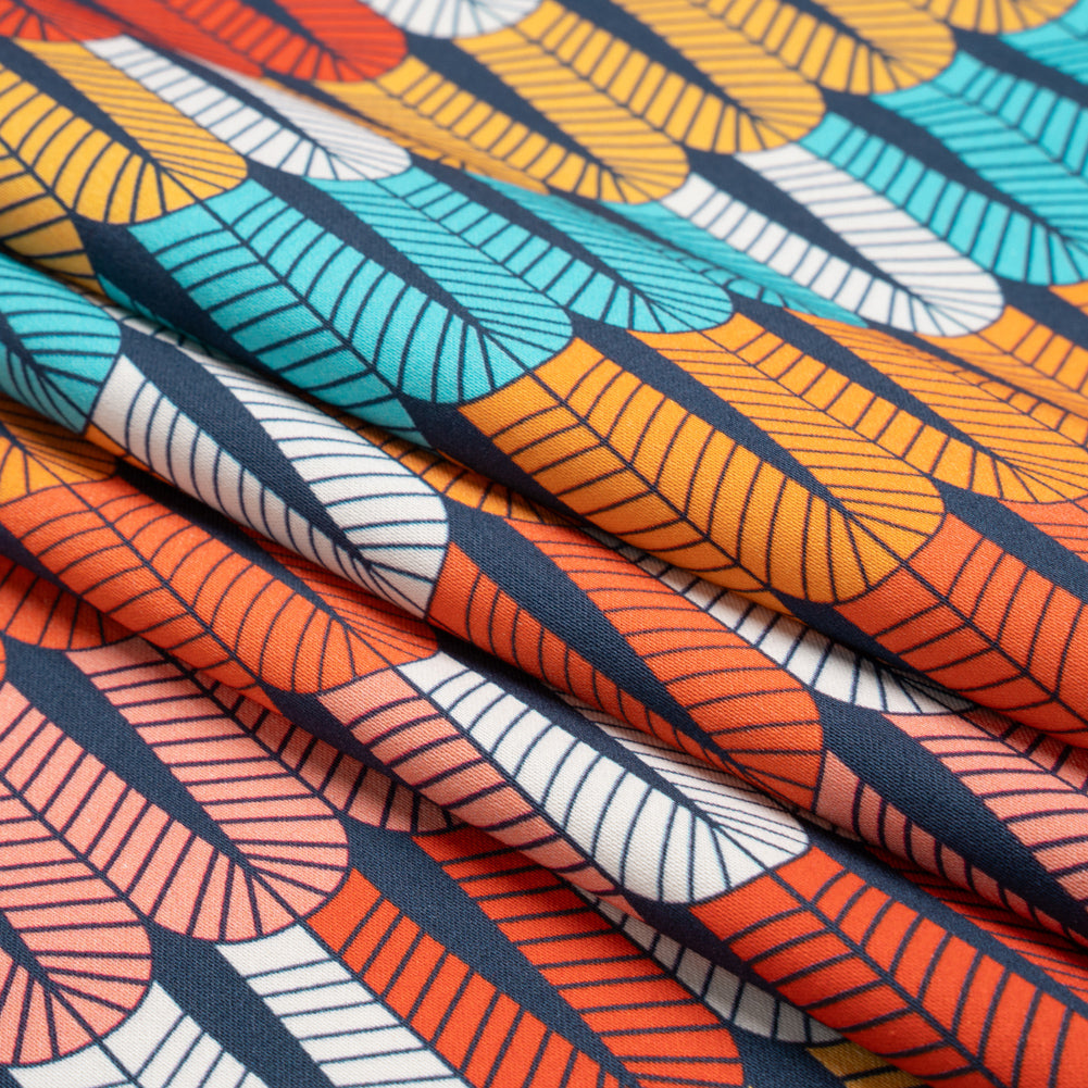 Stretch Cotton Sateen - Orange and Blue Geometric Feathers - Mood Exclusive Flock Together Print - Folded
