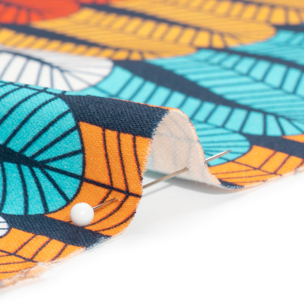 Stretch Cotton Sateen - Orange and Blue Geometric Feathers - Mood Exclusive Flock Together Print - Detail
