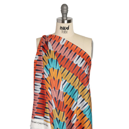 Stretch Cotton Sateen - Orange and Blue Geometric Feathers - Mood Exclusive Flock Together Print