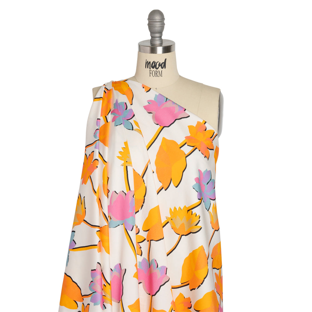 Stretch Cotton Sateen - Pink and orange Floral Silhouettes - Mood Exclusive Speaks For The Trees Print - Drape