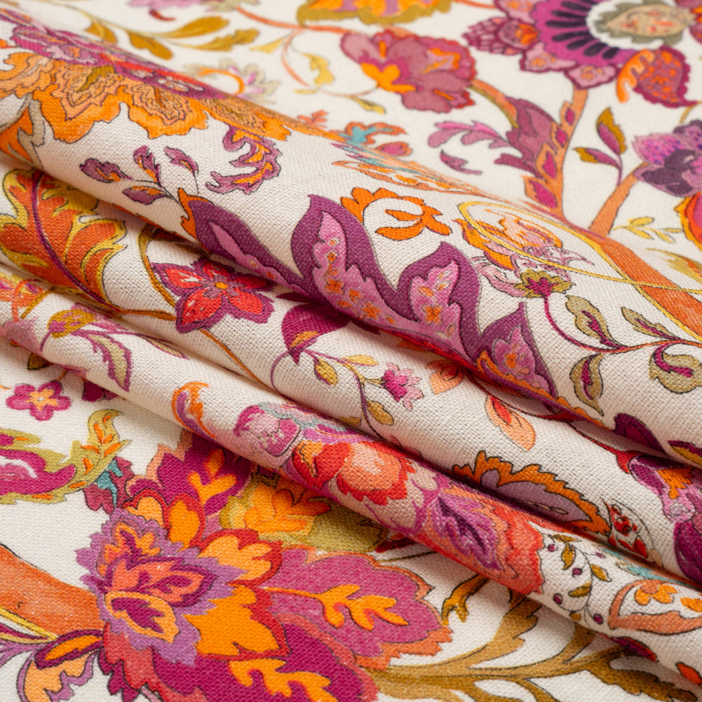 Linen and Rayon Woven - Pink and Orange Flowers - Mood Exclusive Firebird Florals Print