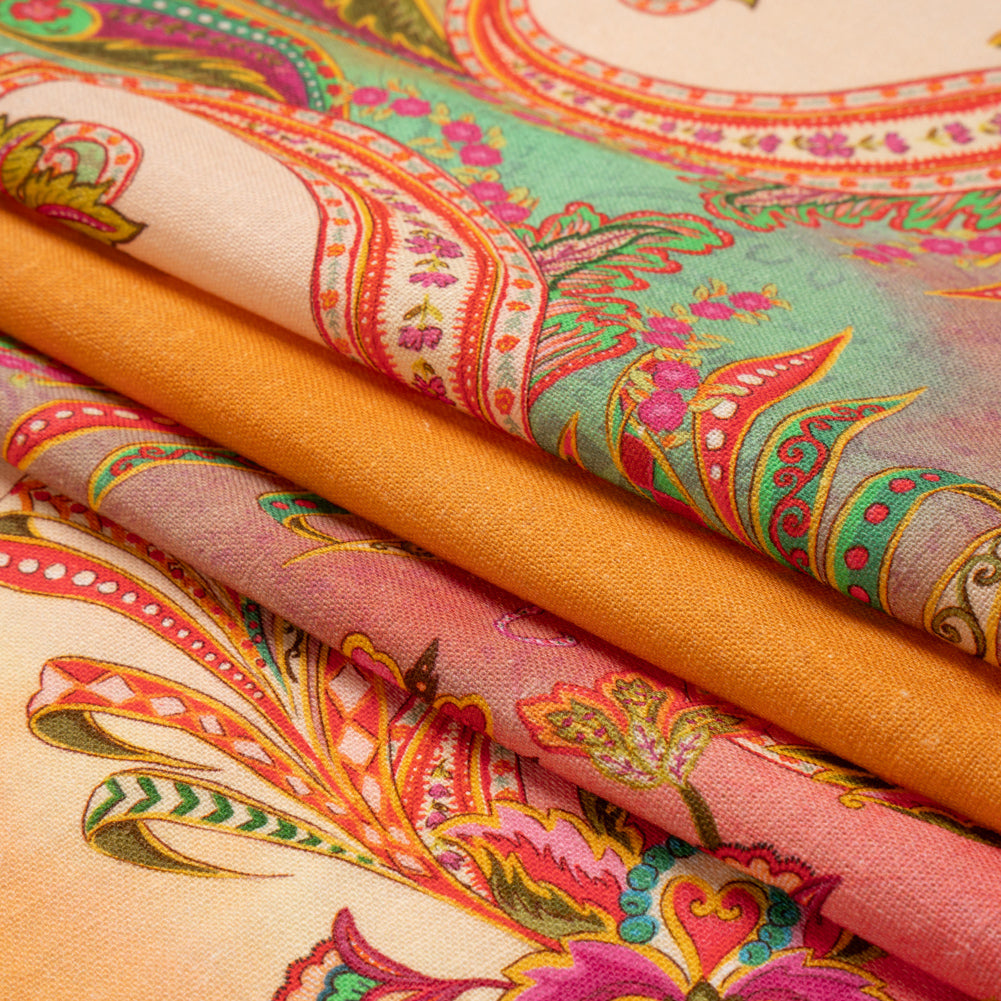 Linen and Rayon Woven - Orange and Pink Floral Paisley Stripe - Mood Exclusive Eos and Flora Print