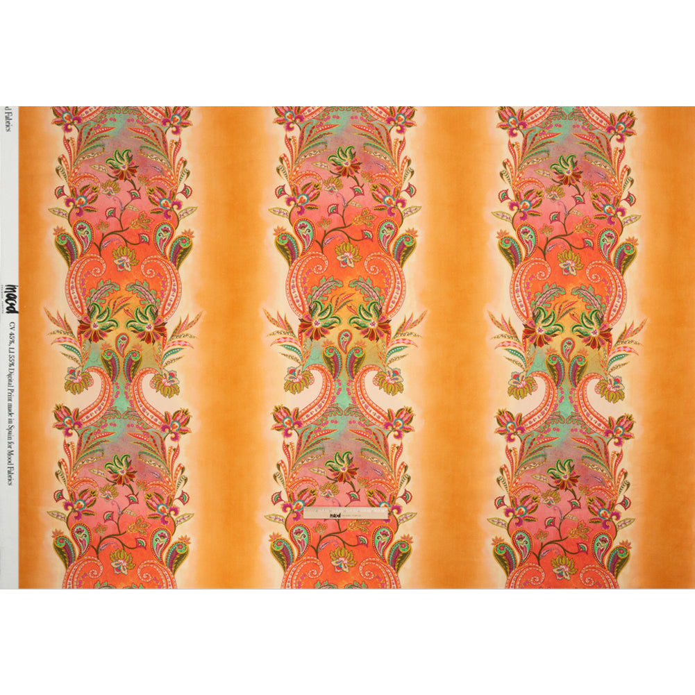 Linen and Rayon Woven - Orange and Pink Floral Paisley Stripe - Mood Exclusive Eos and Flora Print
