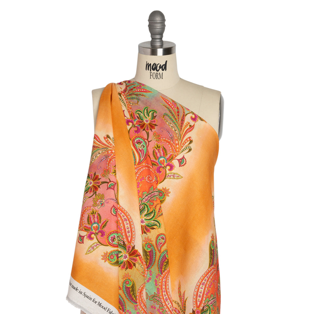 Linen and Rayon Woven - Orange and Pink Floral Paisley Stripe - Mood Exclusive Eos and Flora Print
