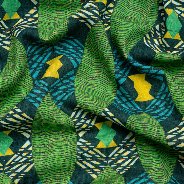 Viscose and Linen Woven - Blue and Green Surfboard Geometric - Mood Exclusive Waimea Bay Print