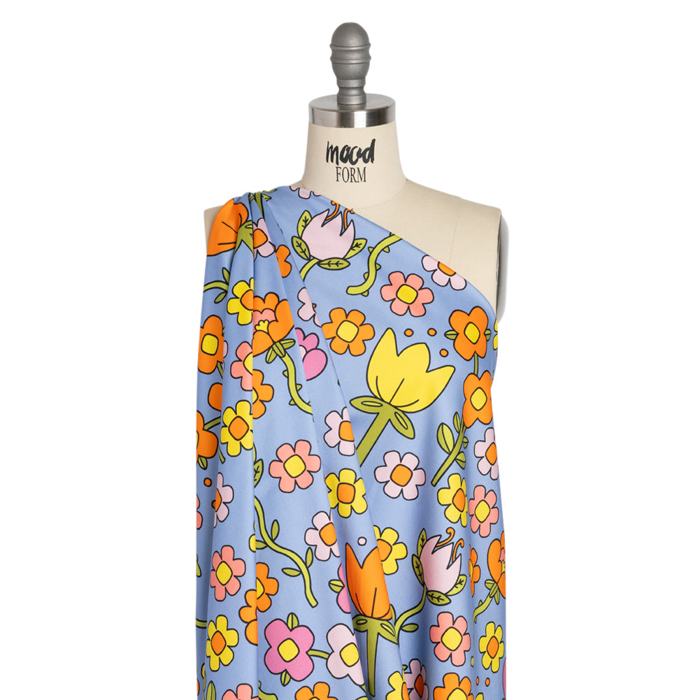 Stretch Cotton Sateen - Blue, Yellow and Purple Simple Floral - Mood Exclusive Atari Acres Print - Drape