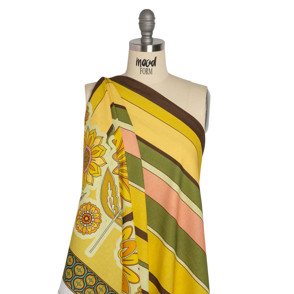 Linen and Rayon Woven - Yellow and Green Sunflowers Border and Stripes - Mood Exclusive Matilda's Garden Print - Drape