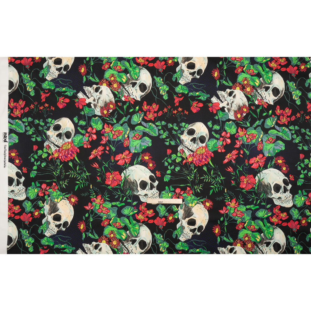 Stretch Cotton Sateen - Black, Red and Green Skulls and Flowers - Mood Exclusive Poor Yorick Print Full