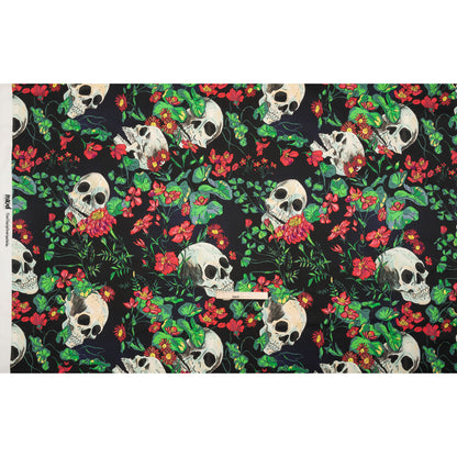 Stretch Cotton Sateen - Black, Red and Green Skulls and Flowers - Mood Exclusive Poor Yorick Print Full